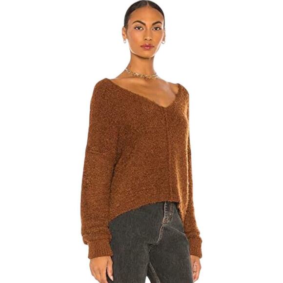 Free People Icing Pullover Sweater S Brown V Neck Eyelash Knit Fluffy Slouchy - Picture 16 of 16